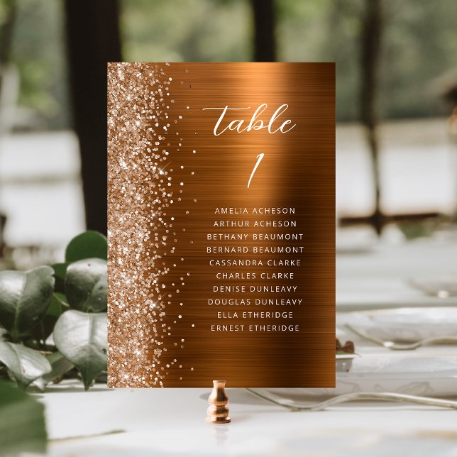 Tarjeta De Mesa Glam Copper Metallic Glitter Script Wedding (Subido por el creador)