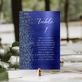 Tarjeta De Mesa Glam Navy Blue Metallic Glitter Script Wedding