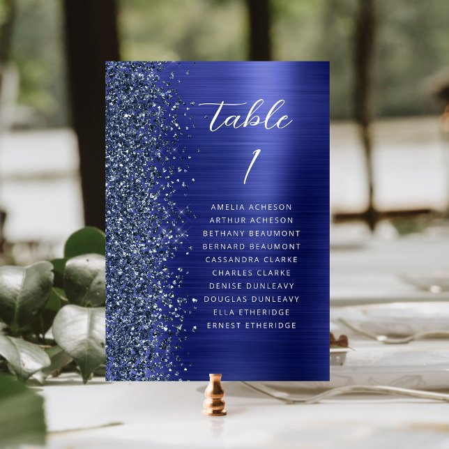 Tarjeta De Mesa Glam Navy Blue Metallic Glitter Script Wedding (Subido por el creador)