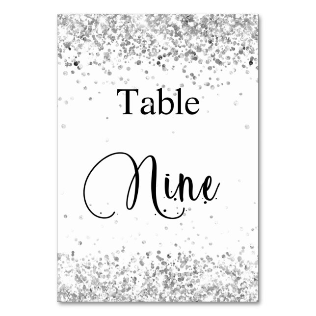 Tarjeta De Mesa Glitter blanco plateado caligrafía mesa nueve 9 (Anverso)
