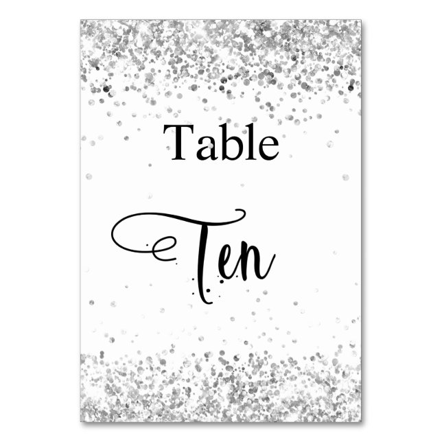 Tarjeta De Mesa Glitter de plata blanco caligrafía mesa diez 10 (Anverso)