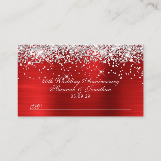 Tarjeta De Mesa Glittery Silver Rojo 40 Aniversario de Boda (Anverso)