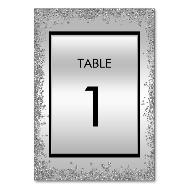 Tarjeta De Mesa Glitzy Silver y Black 25º Aniversario del Boda (Anverso)