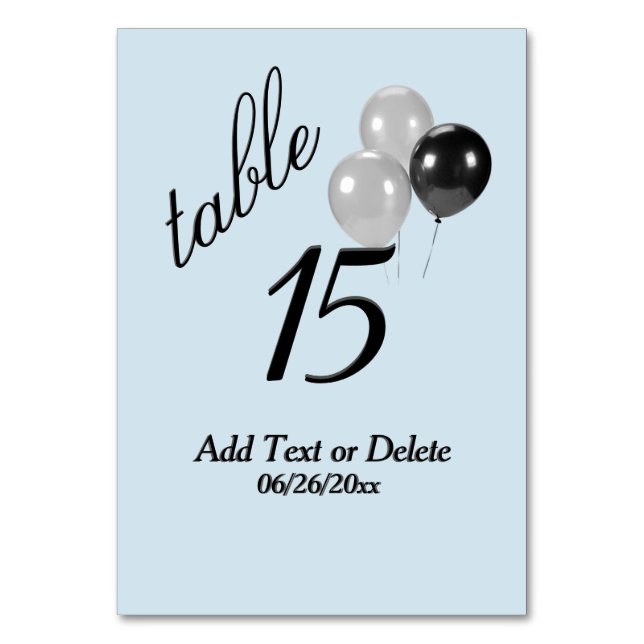 Tarjeta De Mesa Globos plateados Personalizado Blue Text Table Num (Anverso)