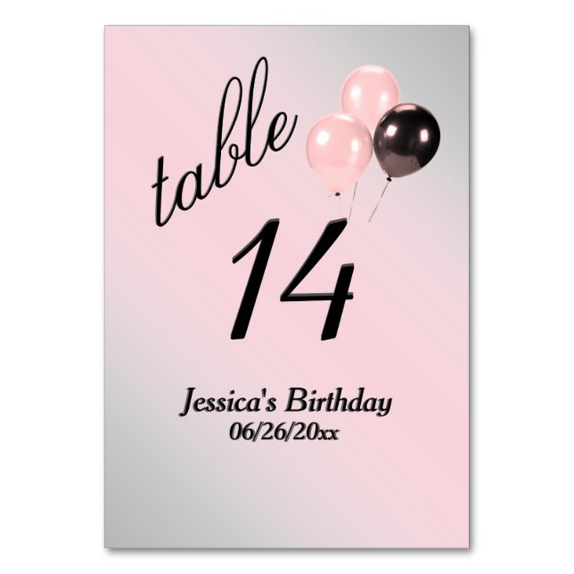 Tarjeta De Mesa Globos rosados con texto personalizado número de m (Anverso)