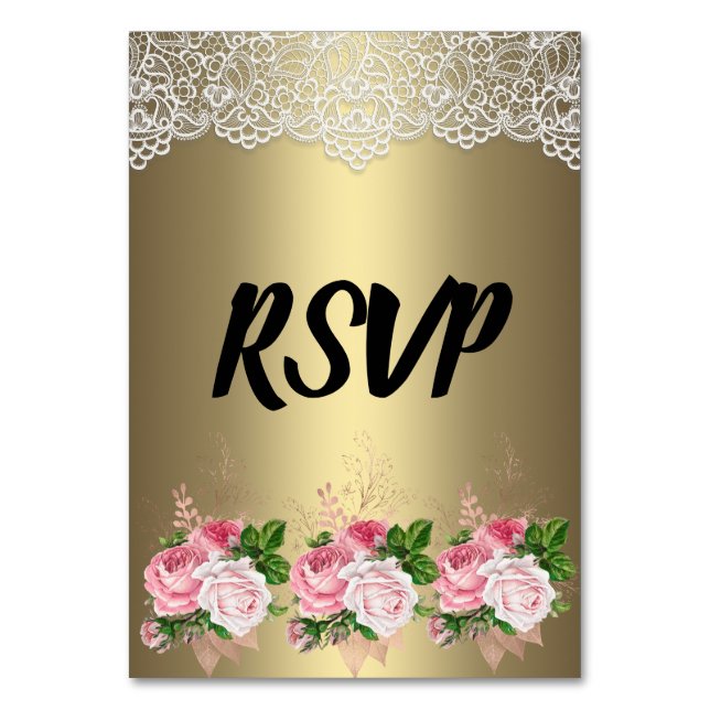 Tarjeta De Mesa Gold Floral Bouquet Lace RSVP (Anverso)