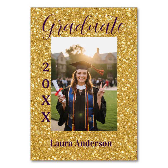 Tarjeta De Mesa Gold glitter photo graduation add name class text (Anverso)