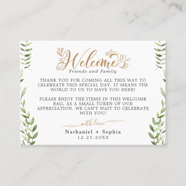 Tarjeta De Mesa Gold Greeneration Welcome Gift Bag Basket Place Ca (Anverso)