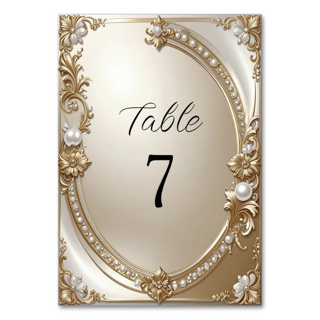 Tarjeta De Mesa Golden Ornate Frame with Pearls Table Number (Anverso)