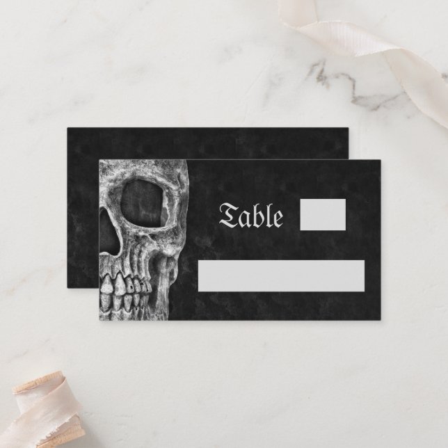Tarjeta De Mesa Gothic Half Skull Cool Black And White Wedding (Anverso/Reverso In Situ)