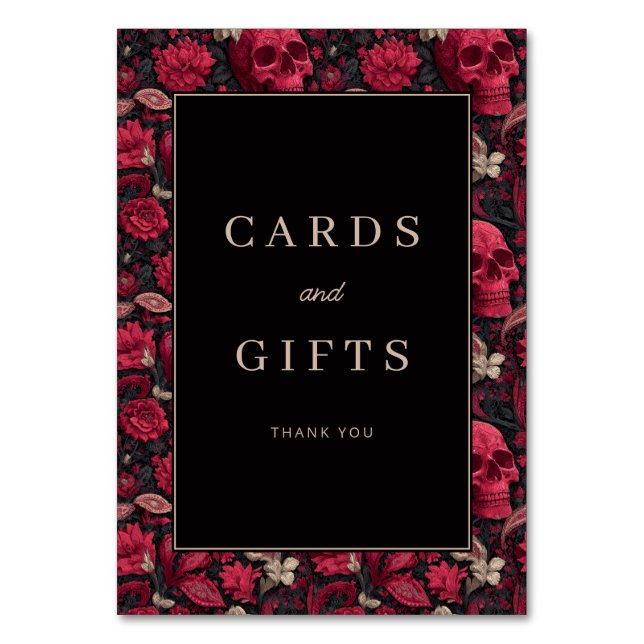 Tarjeta De Mesa Gothic Red Floral Skulls Border (Anverso)