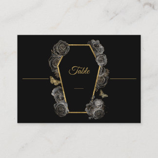 Tarjeta De Mesa Gótico Ataúd de Boda Plano Rosas Negras y Doradas