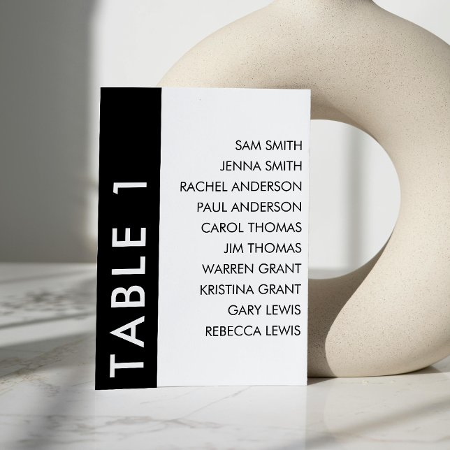 Tarjeta De Mesa Gráfico de asientos Boda de bandas laterales blanc (Black & White Side Stripe Wedding Seating Chart Table Number)