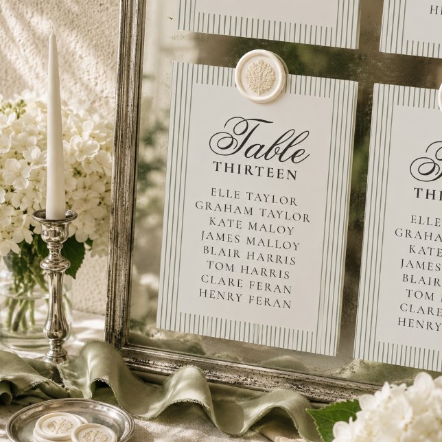 Tarjeta De Mesa Gráfico de Asientos de Boda con Raya Sage de Diner (Old Money Sage Stripe Wedding Seating Chart Table Number)