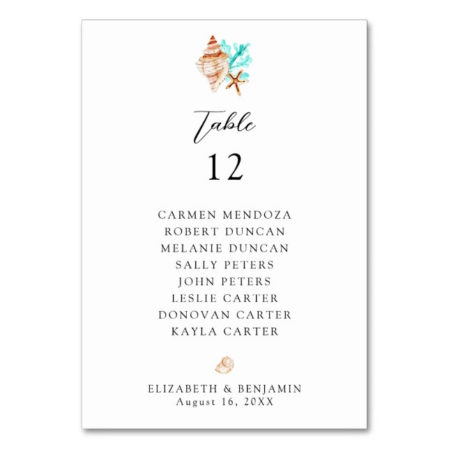 Tarjeta De Mesa Gráfico de Asientos de Boda Mesa Costa Playa (Anverso)