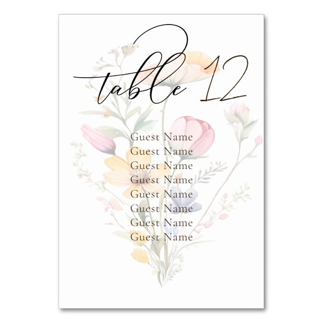 Tarjeta De Mesa Gráfico de asientos del Boda de flores silvestres  (Anverso)