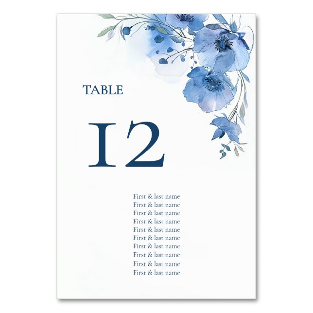 Tarjeta De Mesa Gráfico de Asientos Flores Acuarela Azul (Anverso)