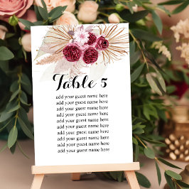Tarjeta De Mesa Gráfico de asientos Grasa Boho Burgundy Pampas