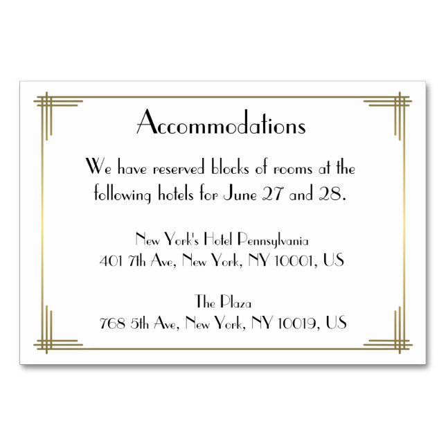 Tarjeta De Mesa Gran Alojamiento Gatsby Art Deco Boda (Anverso)