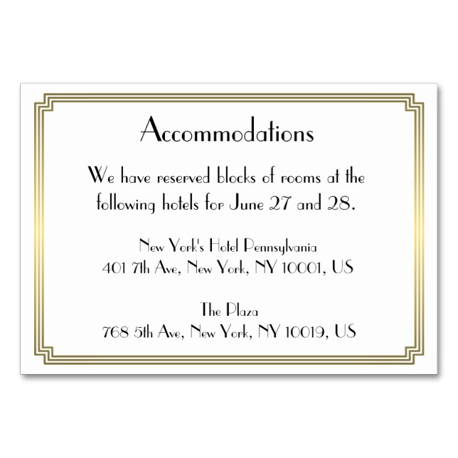 Tarjeta De Mesa Gran Alojamiento Gatsby Art Deco Gold Boda (Anverso)