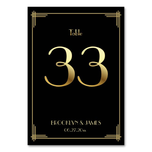 Tarjeta De Mesa Gran Gatsby Art Deco Tabla número 33 Oro Negro (Anverso)
