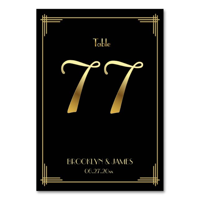 Tarjeta De Mesa Gran Gatsby Art Deco Tabla Número 77 Oro Negro (Anverso)