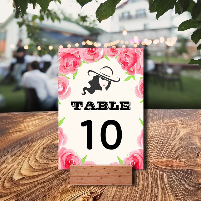 Tarjeta De Mesa Gran Gorra | Rosas de acuarela Derby Fiesta (Big Hat and Roses Derby Party Table Number Cards 3.5" x 5" - ultra thick cards or semi-gloss)