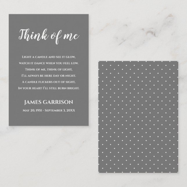 Tarjeta De Mesa Gray Think Of Me Celebration of Life Candle (Anverso / Reverso)