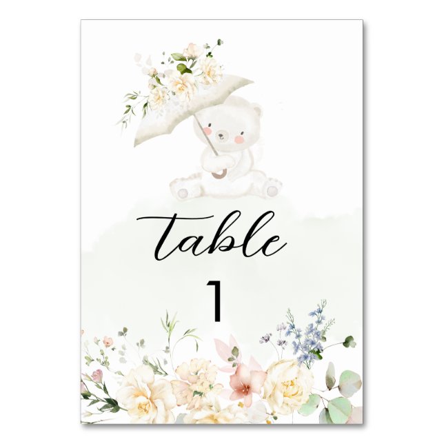 Tarjeta De Mesa Green Bear Green Neutral Floral Baby Shower (Anverso)
