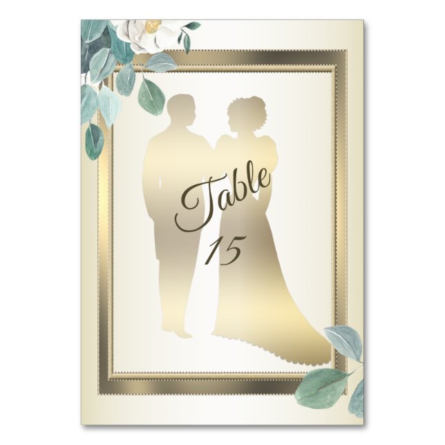 Tarjeta De Mesa Green Leaves Flower Golden Frame Wedding Party (Anverso)
