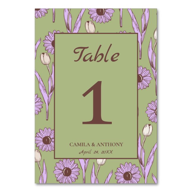 Tarjeta De Mesa Green Purple Retro Y2K Funky Hippie Flower Pattern (Reverso)