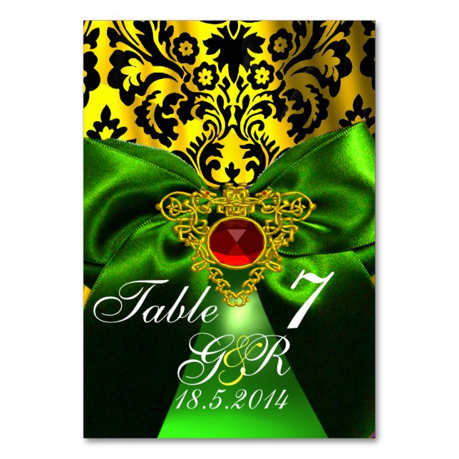 TARJETA DE MESA GREEN RIBBON GOLD CELTIC HEART DAMASK MONOGRAM (Anverso)