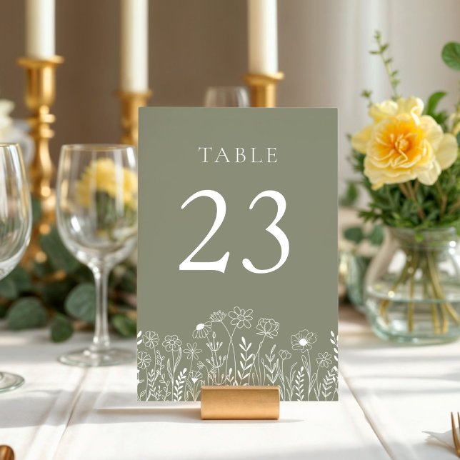 Tarjeta De Mesa Green sabio con Boda de Flor Silvestre Blanca (Sage Green White Wildflower Table Numbers)
