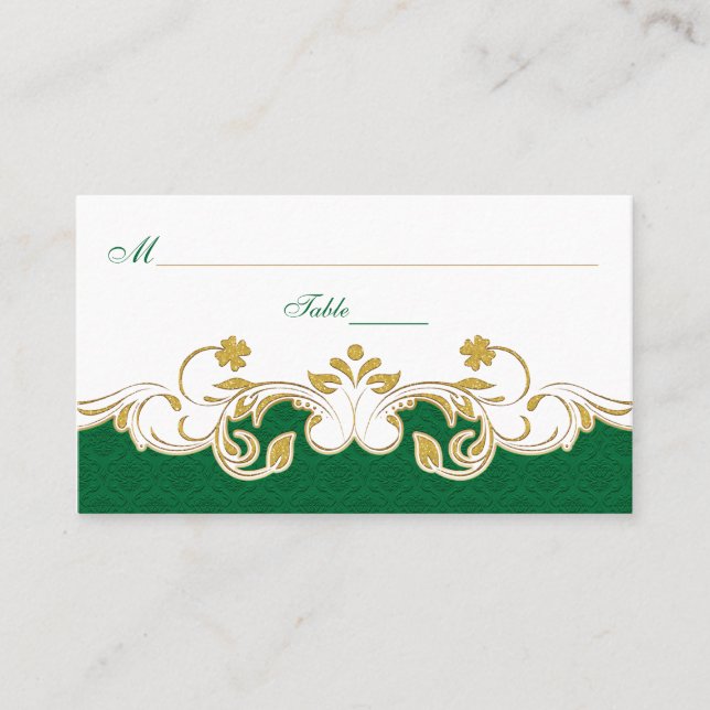 Tarjeta De Mesa Green White Gold Scrolls, Shamrock Place Cards (Anverso)