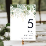 Tarjeta De Mesa Greenery and Gold Leaf Table Number<br><div class="desc">We designed this greenery and gold leaf table number to complete your simple yet elegant boho wedding. It features modern green and white eucalyptus leaf, fern foliage, a succulent flower, and minimal gold foil leaves. These elements give the feel of a whimsical watercolor enchanted forest, perfect for any rustic, bohemian...</div>