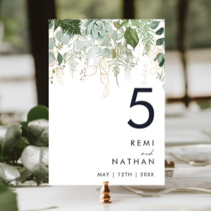 Tarjeta De Mesa Greenery and Gold Leaf Table Number