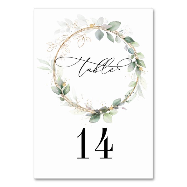 Tarjeta De Mesa Greenery and Gold Wedding Table Card (Anverso)