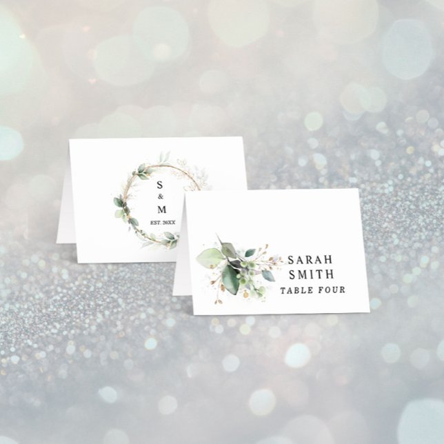 Tarjeta De Mesa Greenery and Gold Wedding Table Place Card (Subido por el creador)