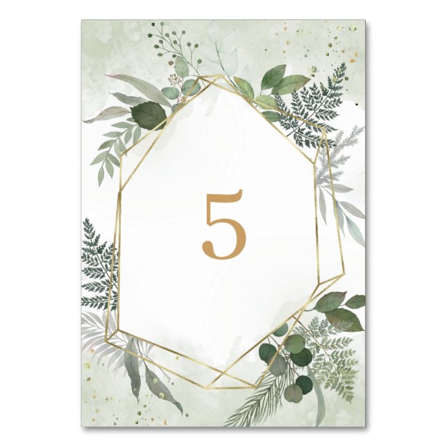 Tarjeta De Mesa Greenery boho watercolour gold geometric wedding (Anverso)