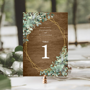 Tarjeta De Mesa Greenery de Madera Rústica Eucalyptus Boda Geométr