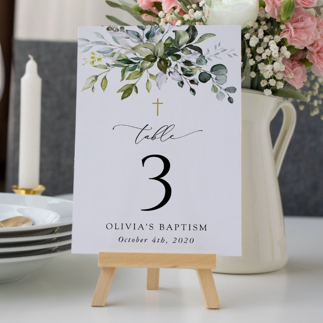 Tarjeta De Mesa Greenery, Eucalyptus Leaves, Baptism Table Numbers (Subido por el creador)