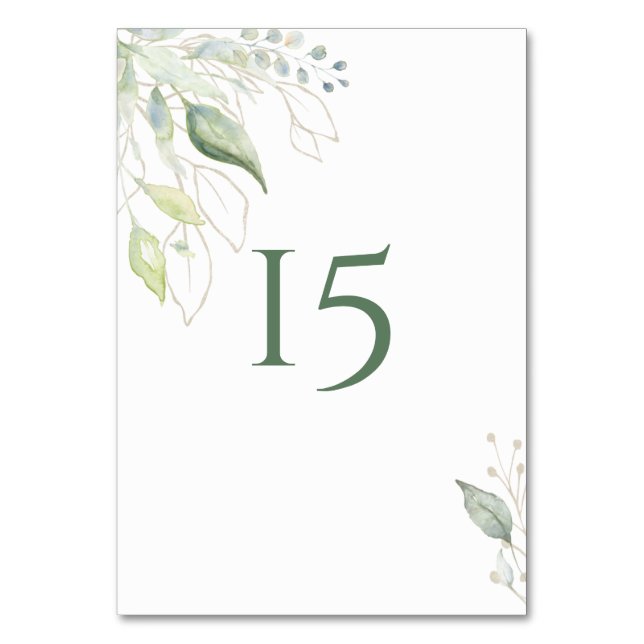 Tarjeta De Mesa Greenery Gold Hojas Botánicas Acuarela (Anverso)