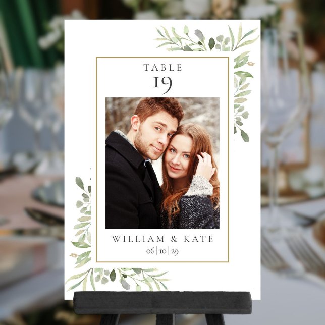 Tarjeta De Mesa Greenery Photo Name Date Boda (Greenery Photo Name Date Wedding Table Number)