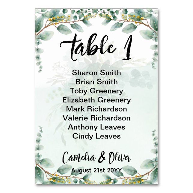 Tarjeta De Mesa Greenery Presupuestario Eucalyptus SeATING CHART B (Anverso)