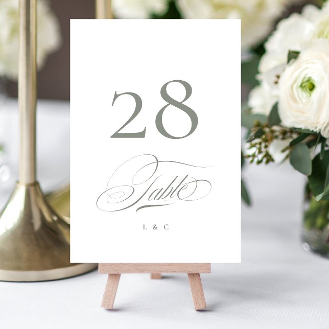 Tarjeta De Mesa Gris sobre el Boda de caligrafía elegante y blanca (Subido por el creador)