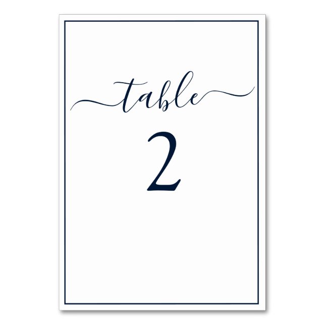 Tarjeta De Mesa Guión de caligrafía blanca azul de la marina Boda  (Anverso)