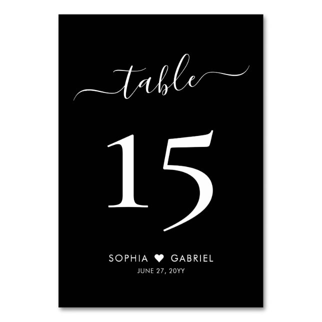 Tarjeta De Mesa Guión de caligrafía Boda negro doble lado (Anverso)