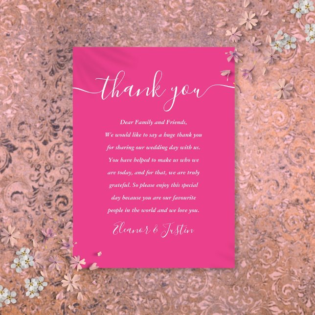Tarjeta De Mesa Guión de firma Bodas Rosa Caliente Gracias (Signature Script Wedding Hot Pink Thank You Place Card)