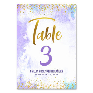 Tarjeta De Mesa Guión de Purpurina Quinceañera Purple Watercolor G