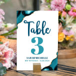 Tarjeta De Mesa Guión del envejecimiento Verde azulado moderno tur<br><div class="desc">Ningún fiesta de Bat Mitzvah está completo sin tarjetas de número de tabla personalizadas. Que su hija se sienta orgullosa, se regocije y celebre su hito en su fiesta perfectamente coordinada. Guión de caligrafía azul verde azulado oscuro, tipografía azul turquesa y azul verde azulado, y rocas de ágata azul turquesa...</div>